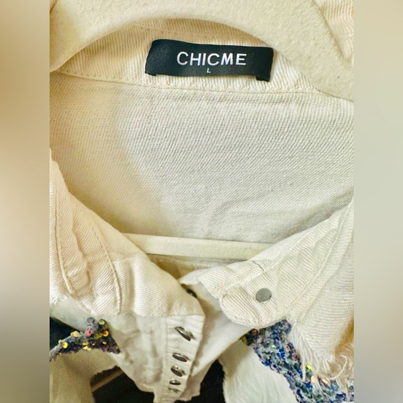 CHICME Women White Denim Shirt Glittered Silver Spandex Fabric, Size Large - Picture 5 of 6